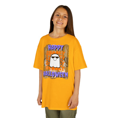 Spooky Happy Halloween Ghost Purple font Kids Heavy Cotton™ Tee by CreepyCrafts.boo