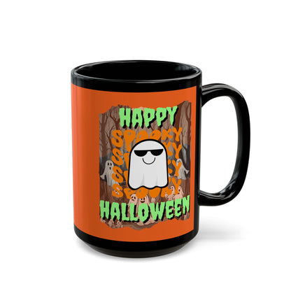 Spooky Happy Halloween Ghost Green font Orange Mug by CreepyCrafts.boo