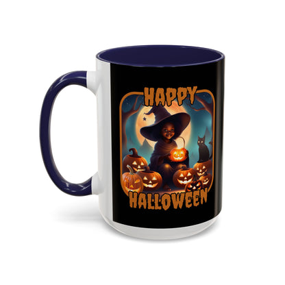 Happy Halloween Cute Witch Orange font Black Accent Mug by CreepyCrafts.boo