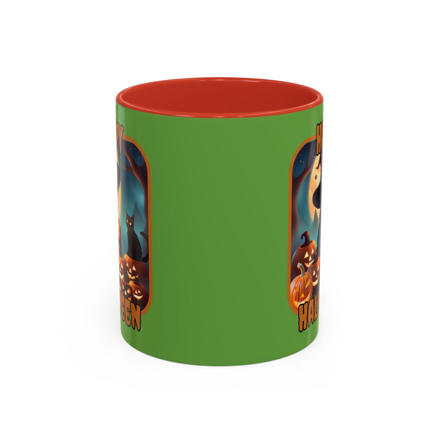 Happy Halloween Cute Witch Orange font Green Accent Mug by CreepyCrafts.boo