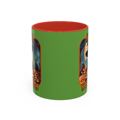 Happy Halloween Cute Witch Orange font Green Accent Mug by CreepyCrafts.boo