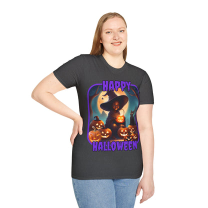 Happy Halloween Cute Witch Purple font Dark colors Unisex T-Shirt by CreepyCrafts.boo