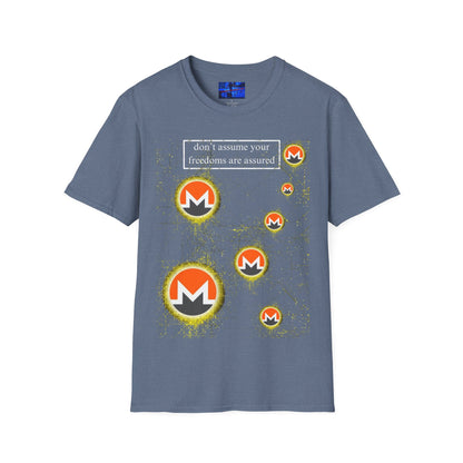 Monero (XMR) don't assume your freedoms are assured Dark colors Unisex T-Shirt by cypherpunkgear.com