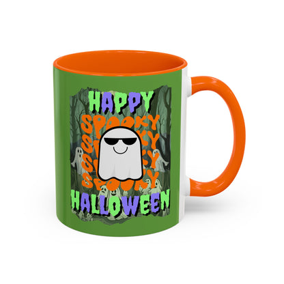 Spooky Happy Halloween Ghost Mixed font Green Accent Mug by CreepyCrafts.boo