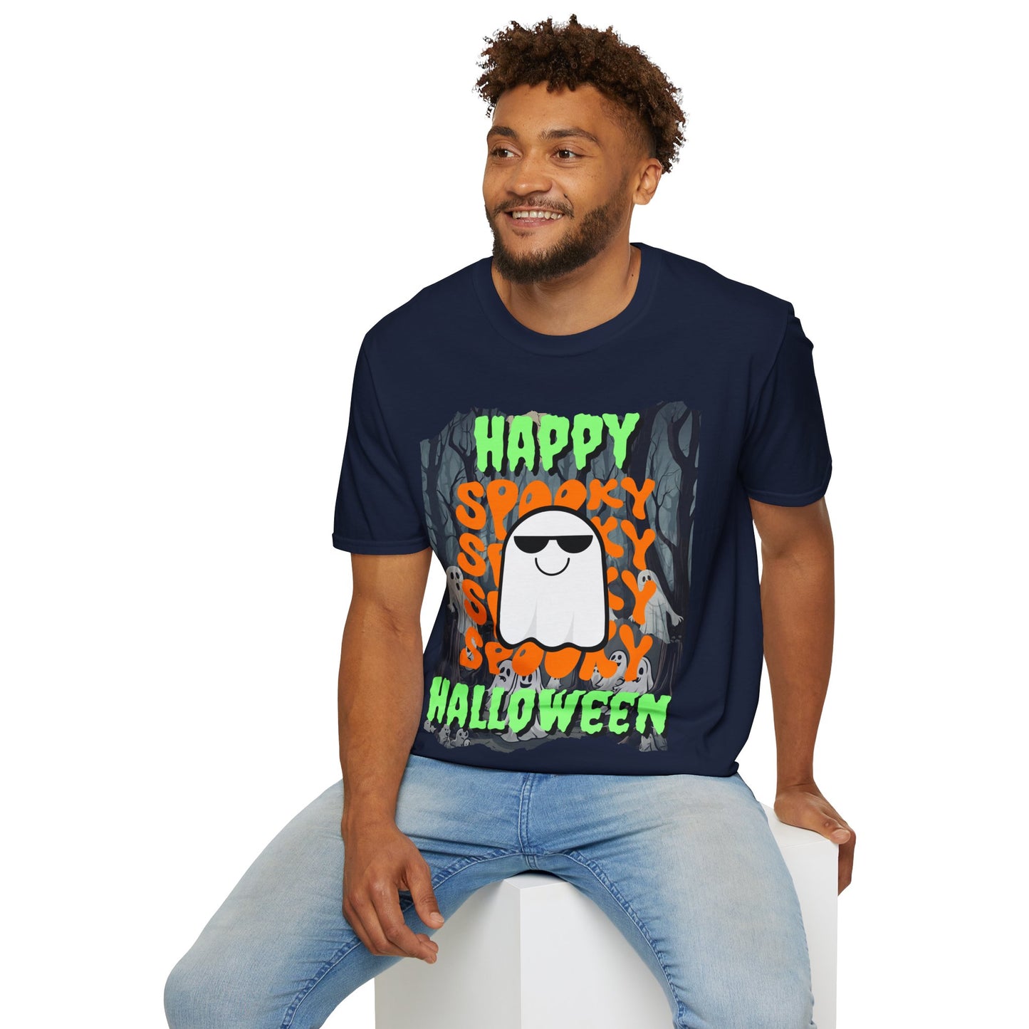 Spooky Happy Halloween Ghost Dark colors Green font Unisex T-Shirt by CreepyCrafts.boo