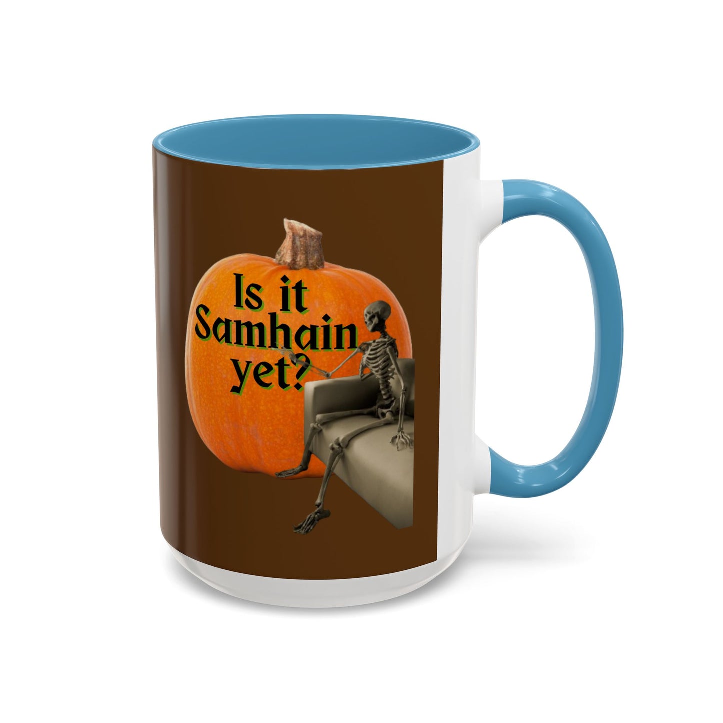 Is It Samhain Yet? Skeleton's Giant Pumpkin Brown Accent Mug by CreepyCrafts.boo