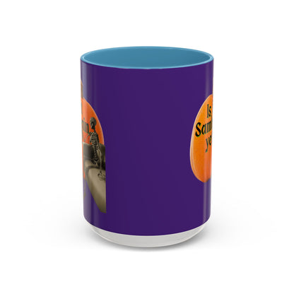 Is It Samhain Yet? Skeleton's Giant Pumpkin Purple Accent Mug by CreepyCrafts.boo