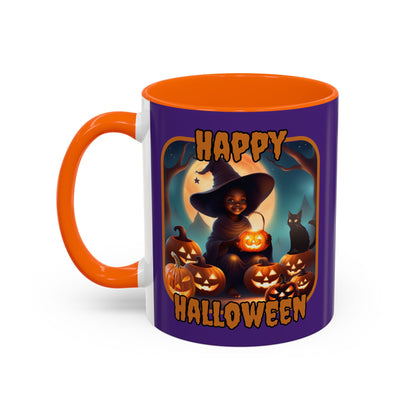 Happy Halloween Cute Witch Orange font Purple Accent Mug by CreepyCrafts.boo
