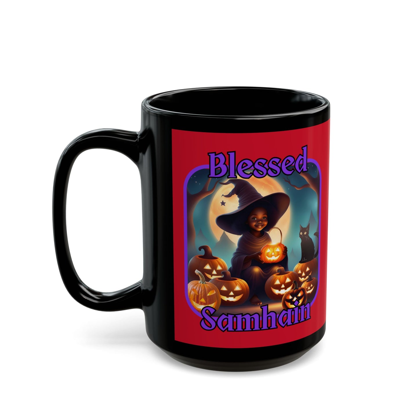 Blessed Samhain Cute Witch Purple font Red Mug by CreepyCrafts.boo