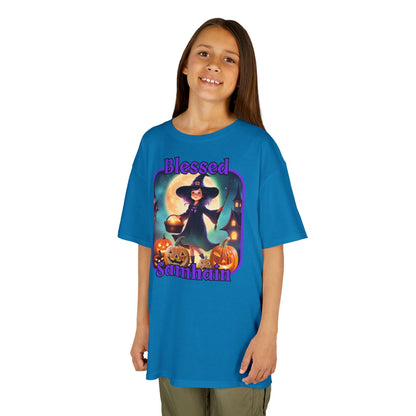 Blessed Samhain Little Witch Purple font Kids Heavy Cotton™ Tee by CreepyCrafts.boo