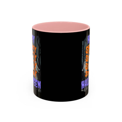 Spooky Happy Halloween Ghost Purple font Black Accent Mug by CreepyCrafts.boo