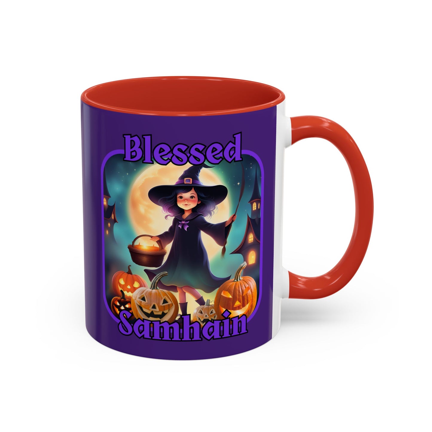 Blessed Samhain Little Witch Purple font Purple Accent Mug by CreepyCrafts.boo