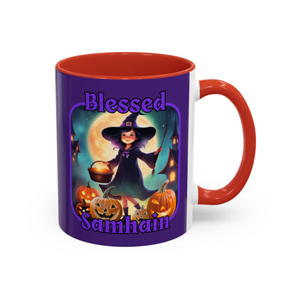 Blessed Samhain Little Witch Purple font Purple Accent Mug by CreepyCrafts.boo