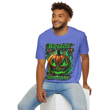 Blessed Samhain Green Jack Light colors Unisex T-Shirt by CreepyCrafts.boo