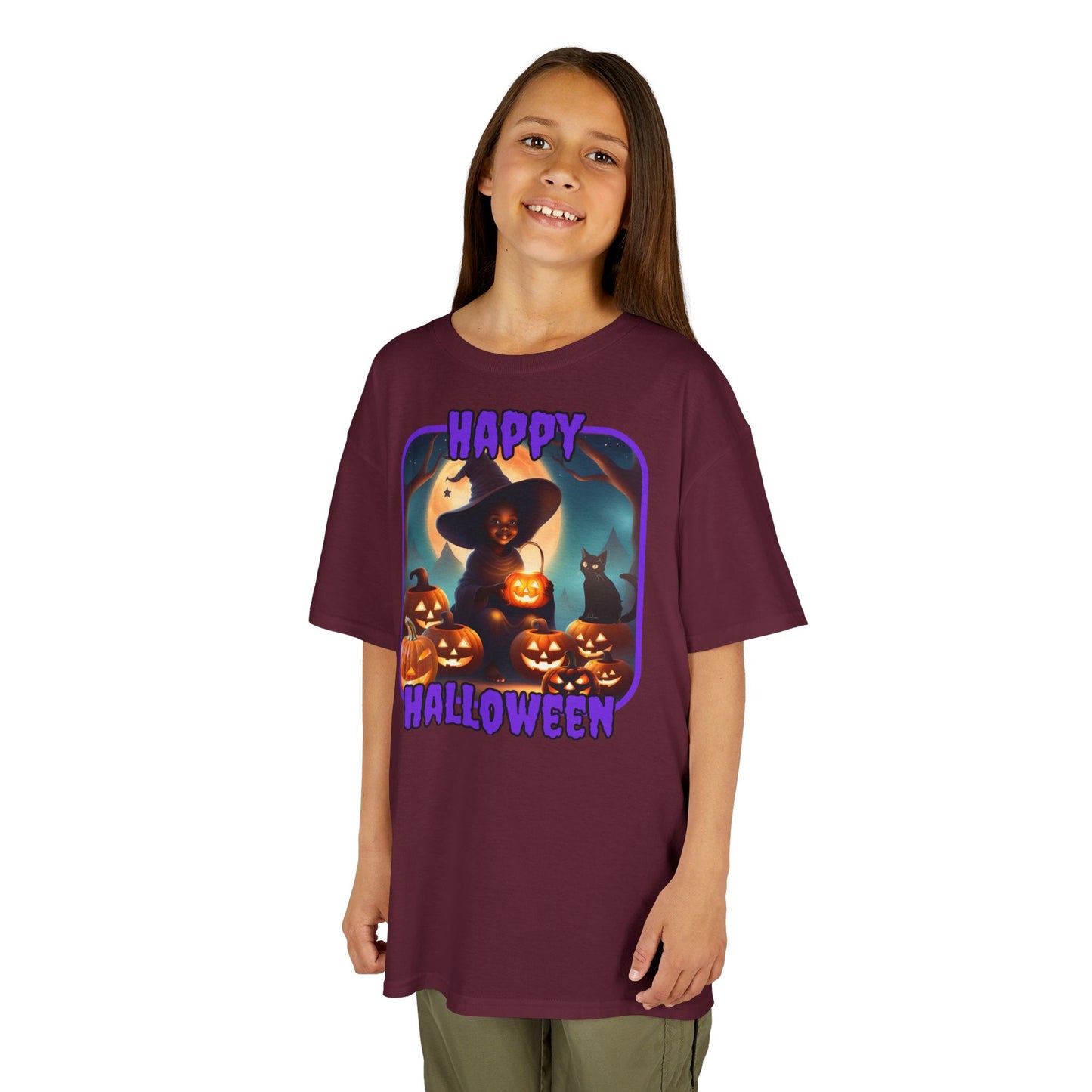 Happy Halloween Cute Witch Purple font Kids Heavy Cotton™ Tee by CreepyCrafts.boo
