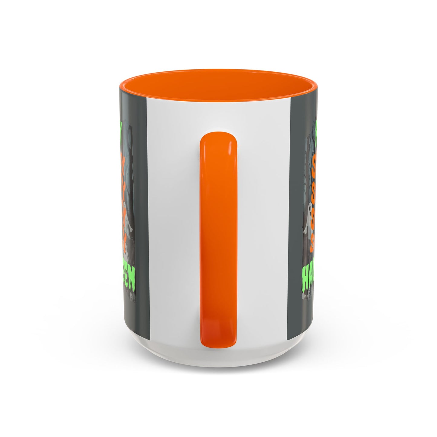 Spooky Happy Halloween Ghost Green font Grey Accent Mug by CreepyCrafts.boo