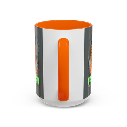 Spooky Happy Halloween Ghost Green font Grey Accent Mug by CreepyCrafts.boo