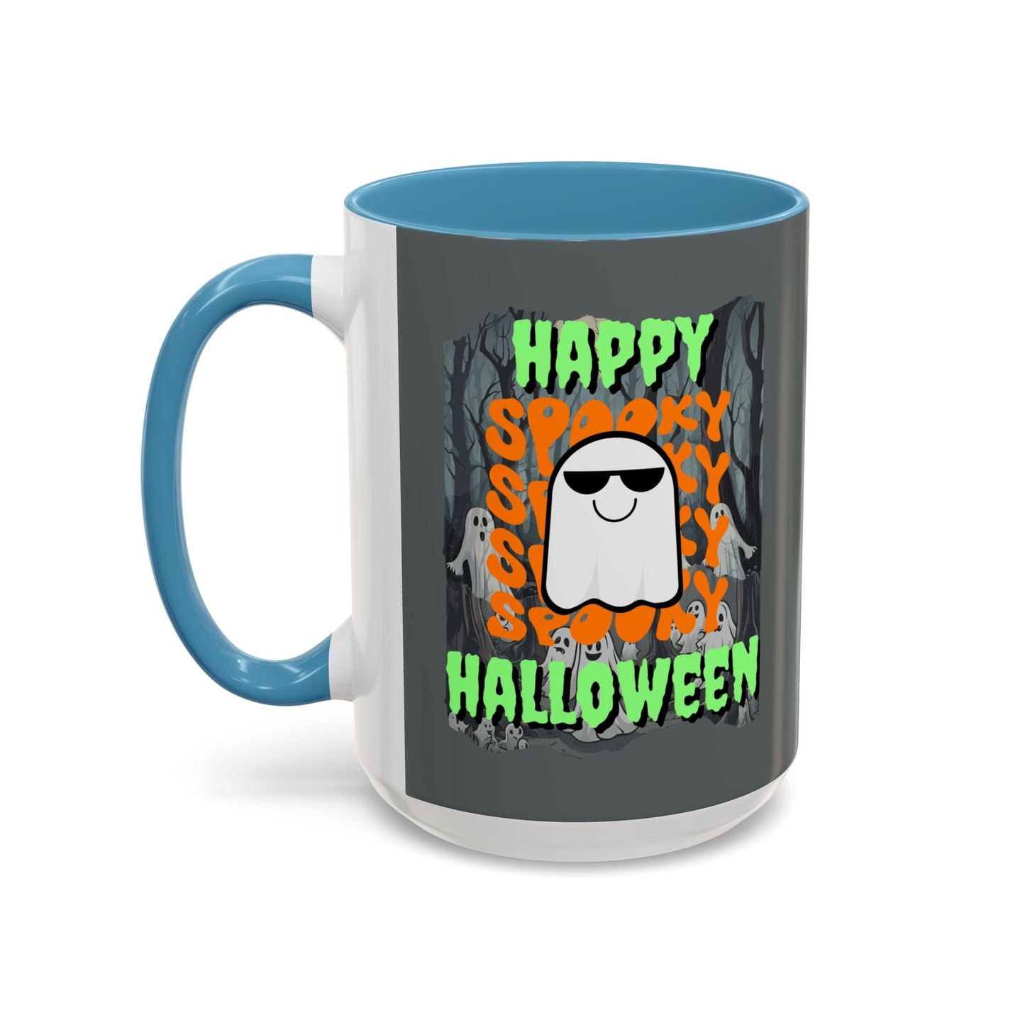 Spooky Happy Halloween Ghost Green font Grey Accent Mug by CreepyCrafts.boo