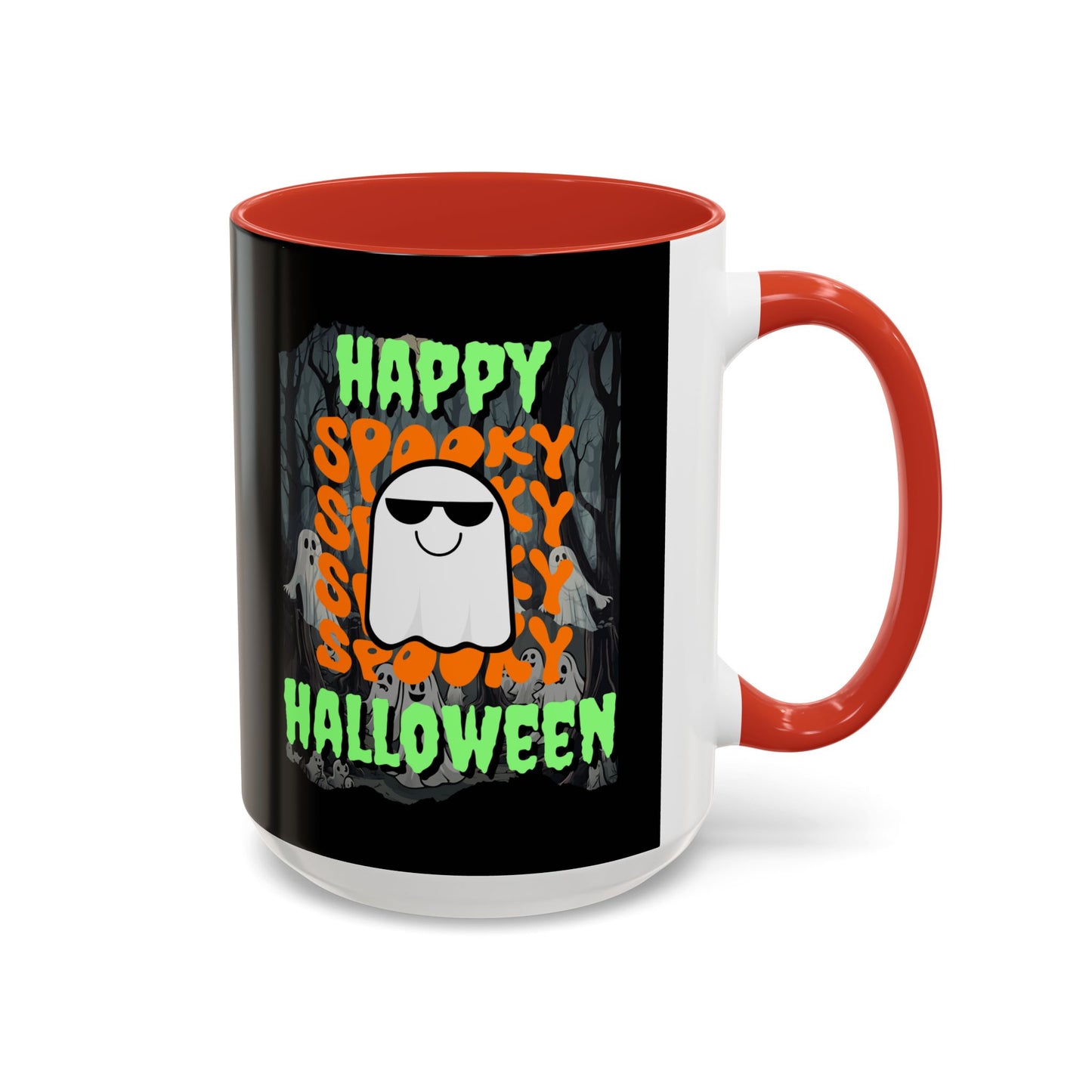 Spooky Happy Halloween Ghost Green font Black Accent Mug by CreepyCrafts.boo