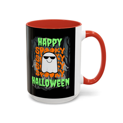 Spooky Happy Halloween Ghost Green font Black Accent Mug by CreepyCrafts.boo