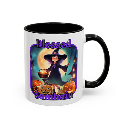 Blessed Samhain Little Witch Purple font White Accent Mug by CreepyCrafts.boo
