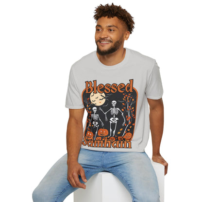 Spooktacular Skeletons of Samhain Light colors Unisex T-Shirt by CreepyCrafts.boo