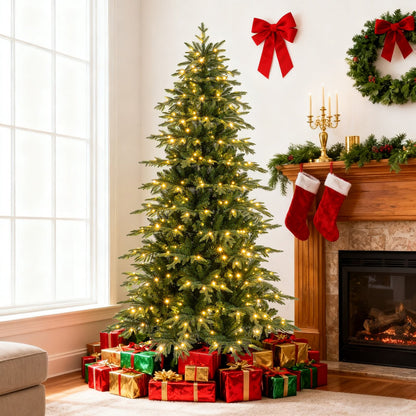 7.5 Feet Pre-Lit Artificial Christmas Tree Hinged Xmas Tree with LED Lights