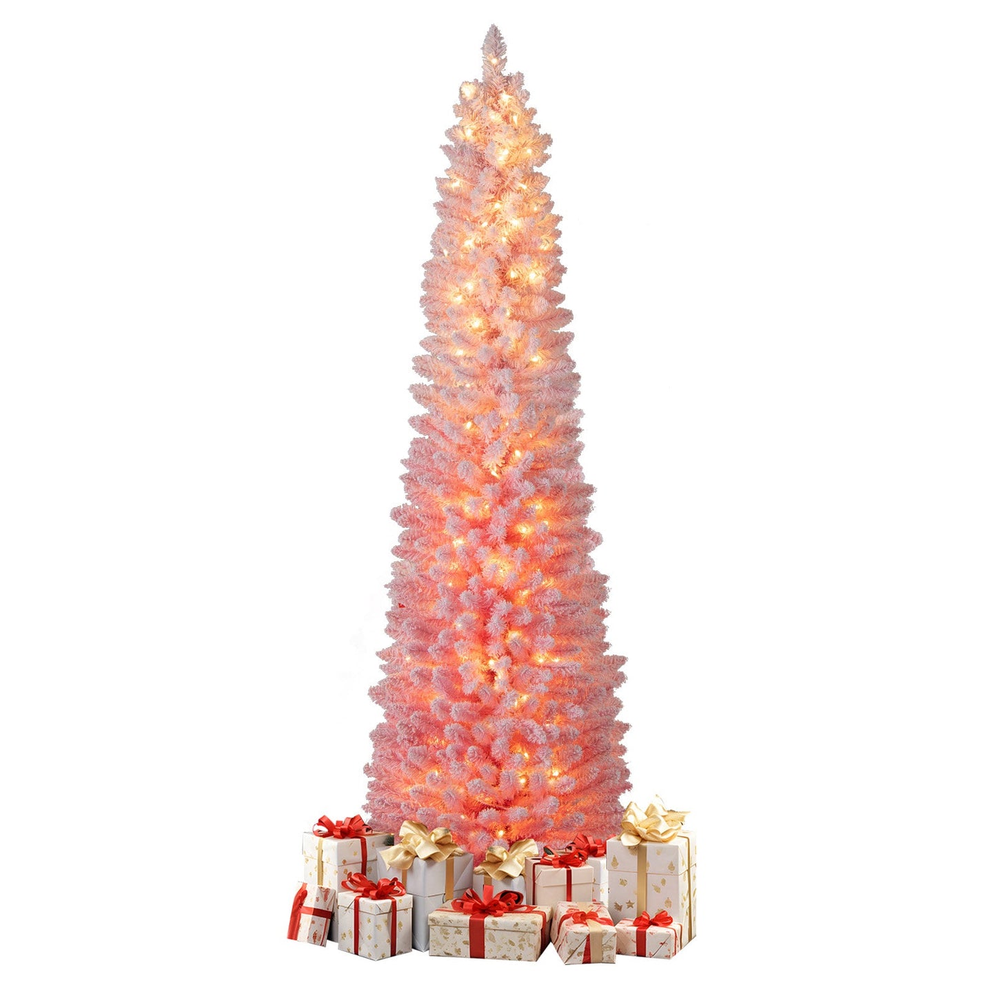 6 FTSnow-flocked Artificial Pink Christmas Tree Pre-lit Hinged Xmas Tree for Holiday Decoration