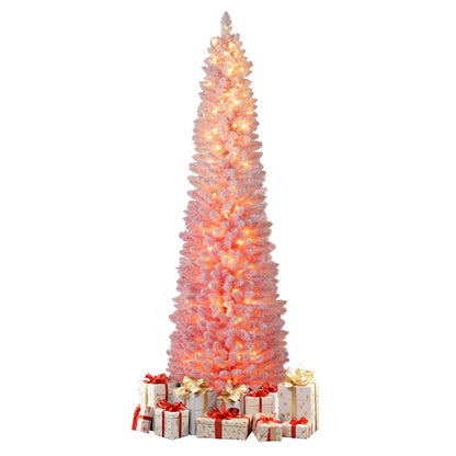 6 FTSnow-flocked Artificial Pink Christmas Tree Pre-lit Hinged Xmas Tree for Holiday Decoration