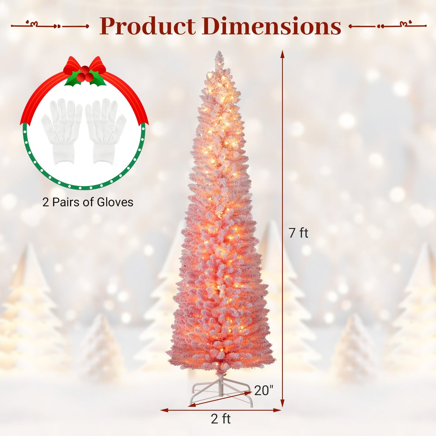6 FTSnow-flocked Artificial Pink Christmas Tree Pre-lit Hinged Xmas Tree for Holiday Decoration