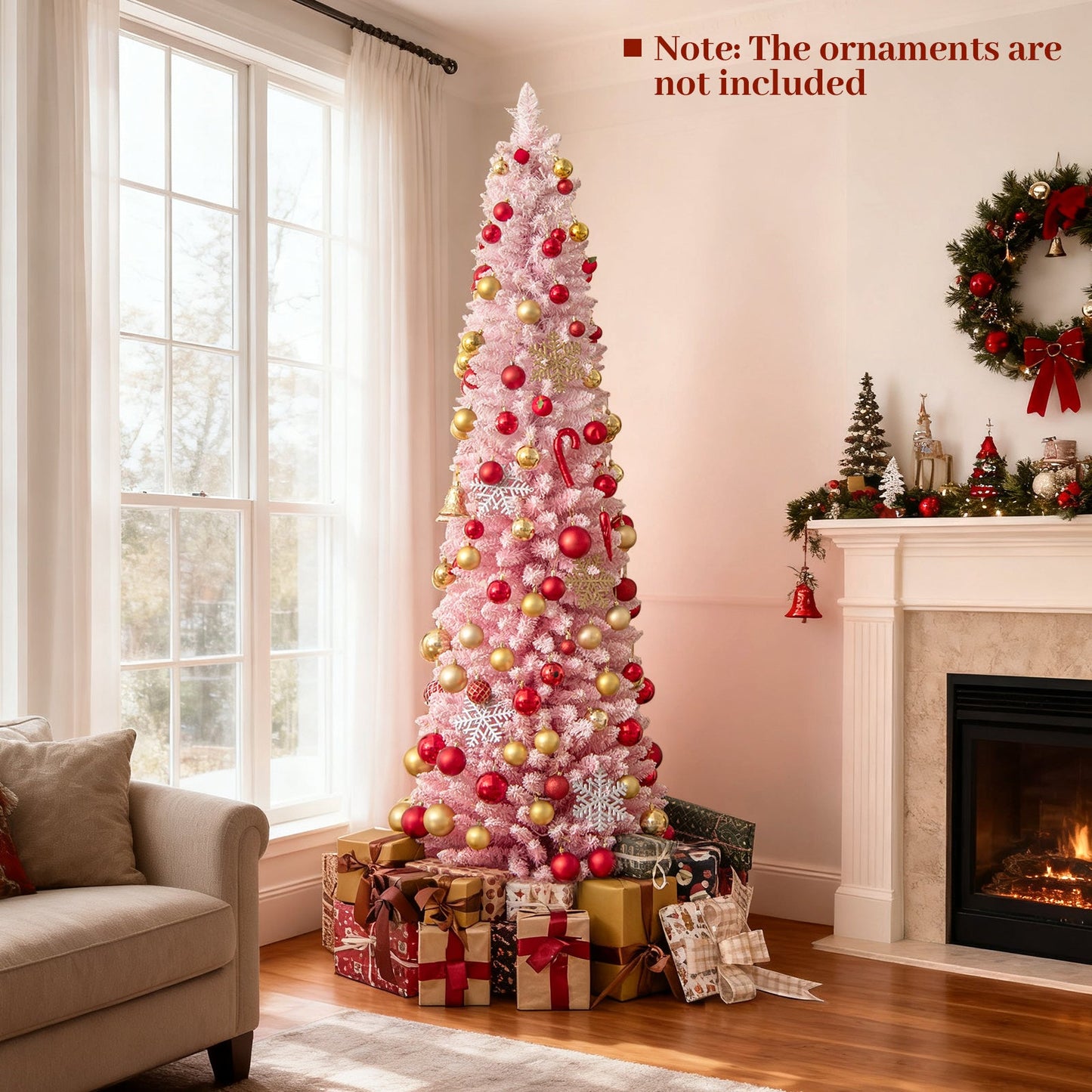 6 FTSnow-flocked Artificial Pink Christmas Tree Pre-lit Hinged Xmas Tree for Holiday Decoration