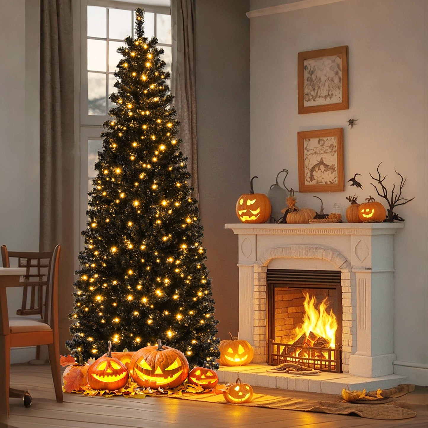 Pre-lit Christmas Halloween Tree with PVC Branch Tips and Warm White Lights