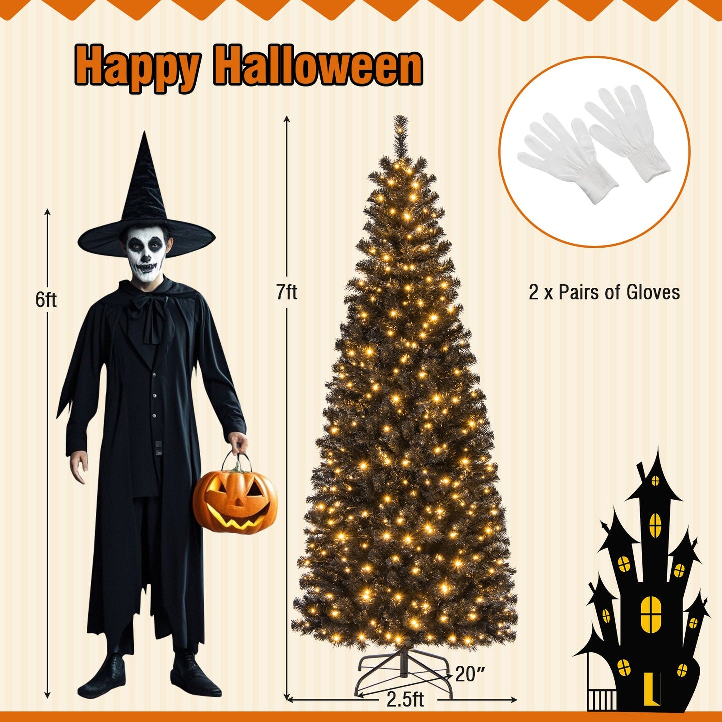 Pre-lit Christmas Halloween Tree with PVC Branch Tips and Warm White Lights