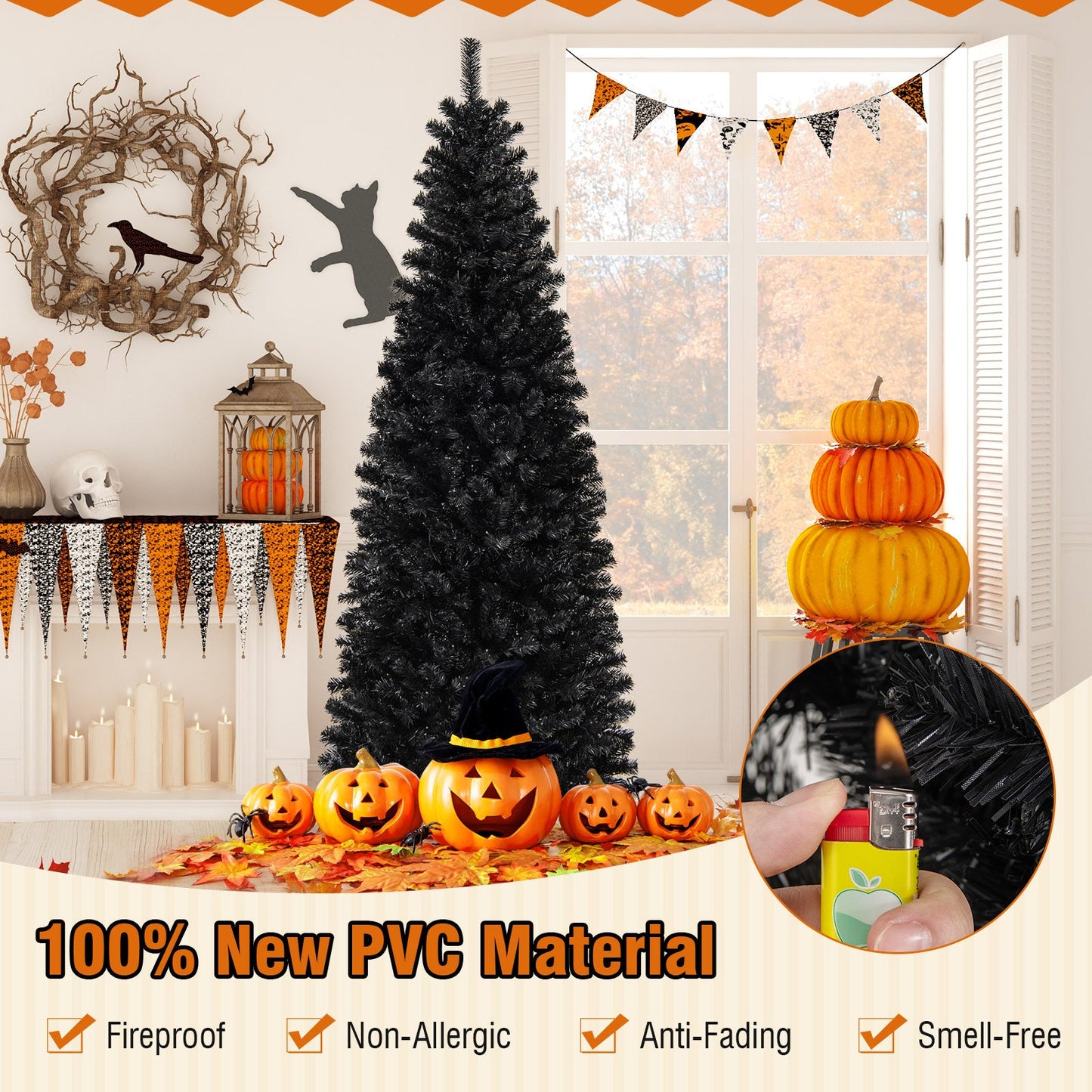 Pre-lit Christmas Halloween Tree with PVC Branch Tips and Warm White Lights