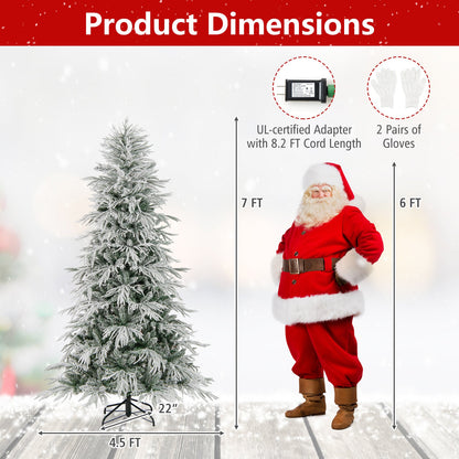 7 Feet Snow-flocked Artificial Christmas Tree Pre-lit Hinged Xmas Tree with Warm White LED Lights