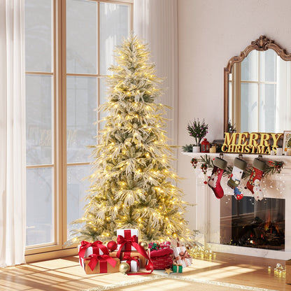 7 Feet Snow-flocked Artificial Christmas Tree Pre-lit Hinged Xmas Tree with Warm White LED Lights