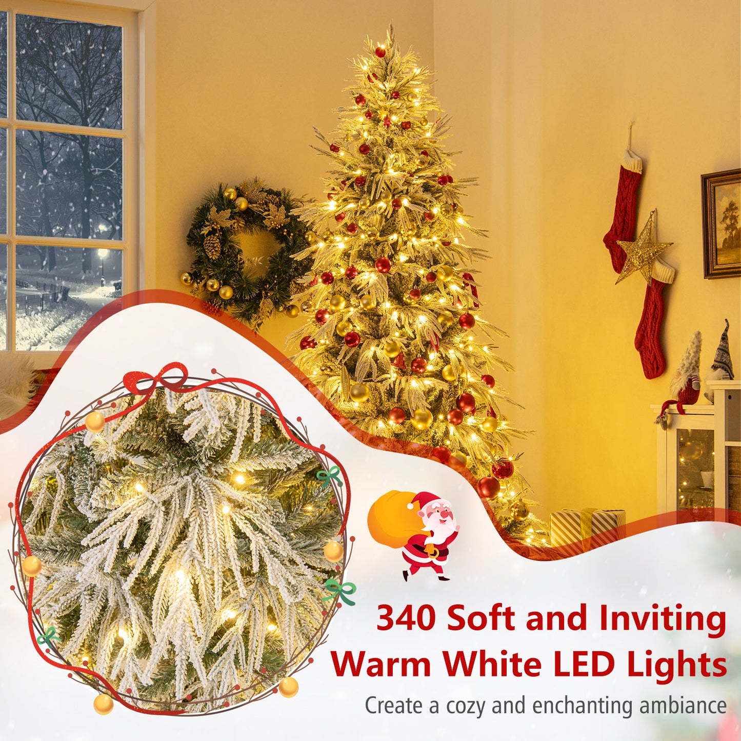 7 Feet Snow-flocked Artificial Christmas Tree Pre-lit Hinged Xmas Tree with Warm White LED Lights