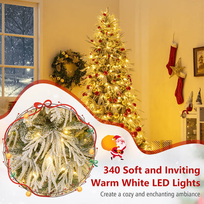 7 Feet Snow-flocked Artificial Christmas Tree Pre-lit Hinged Xmas Tree with Warm White LED Lights