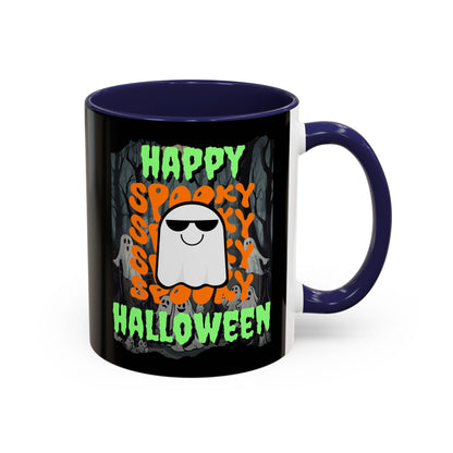 Spooky Happy Halloween Ghost Green font Black Accent Mug by CreepyCrafts.boo