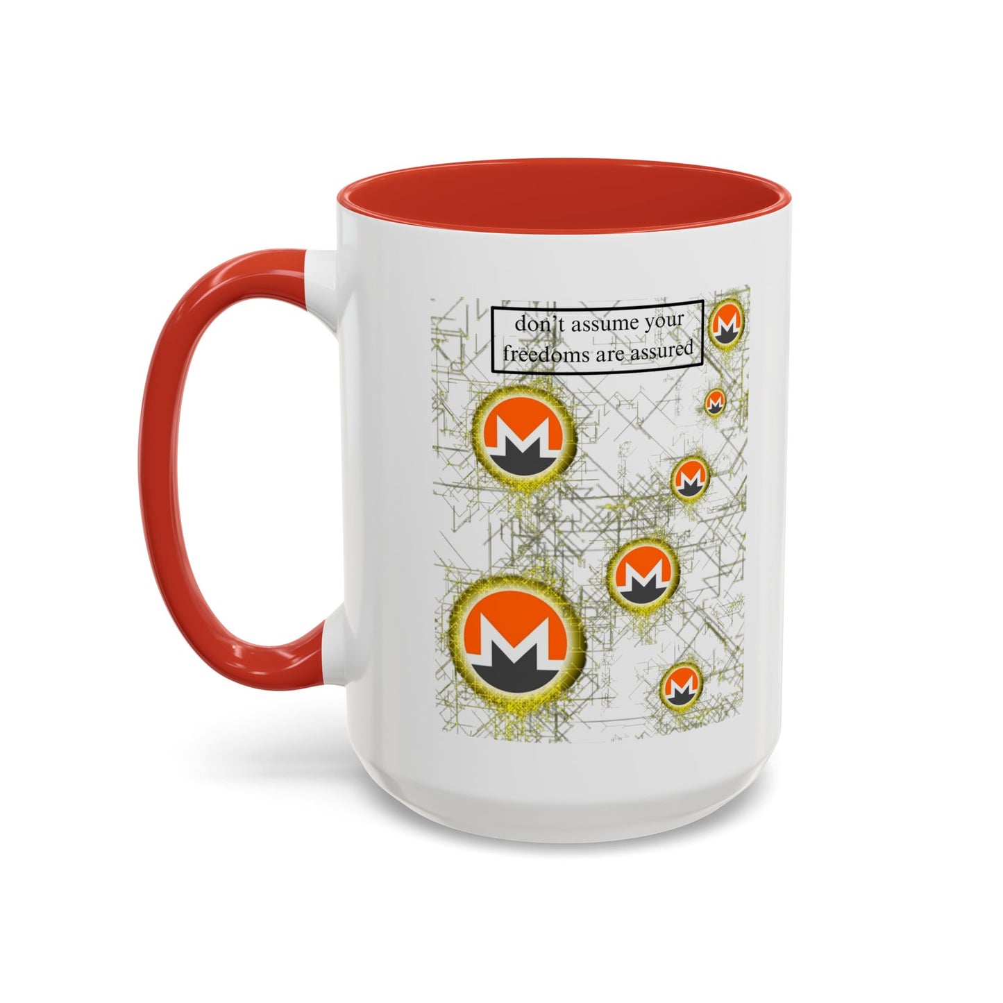 Monero (XMR) don't assume your freedoms are assured White Accent Mug by cypherpunkgear.com