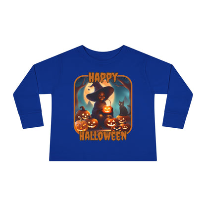 Happy Halloween Cute Witch Orange font Toddler Long Sleeve Tee by CreepyCrafts.boo