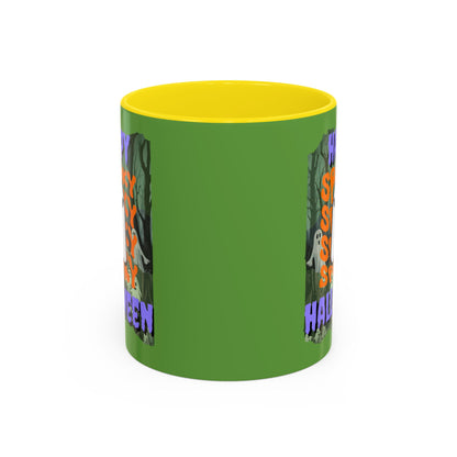 Spooky Happy Halloween Ghost Purple font Green Accent Mug by CreepyCrafts.boo