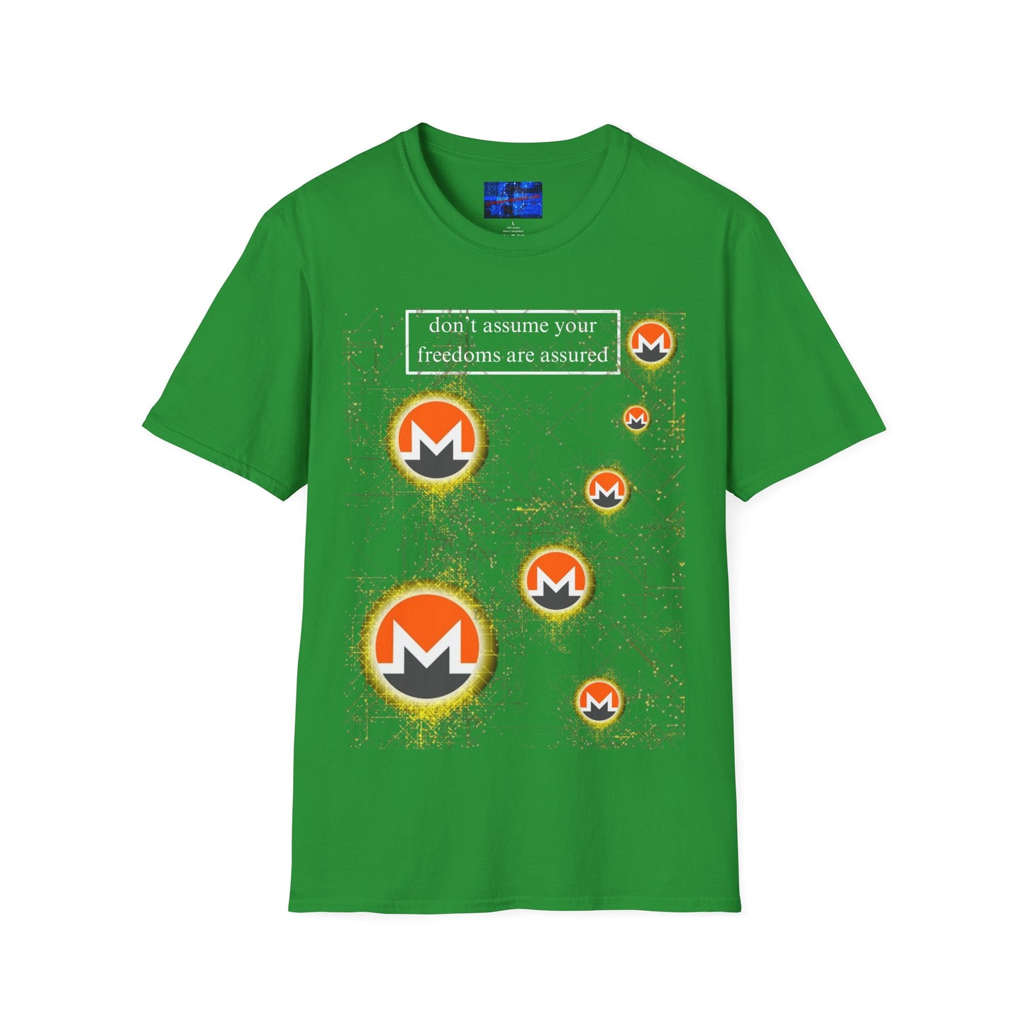 Monero (XMR) don't assume your freedoms are assured Dark colors Unisex T-Shirt by cypherpunkgear.com
