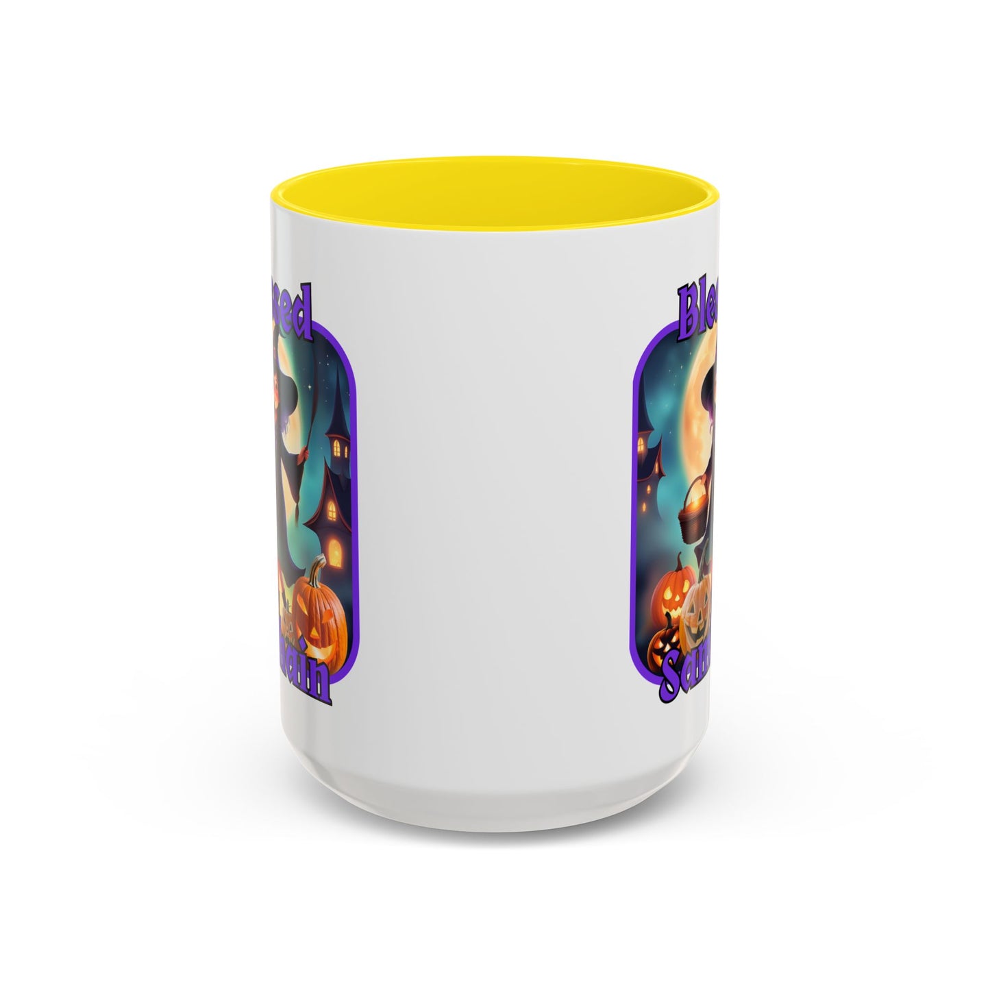 Blessed Samhain Little Witch Purple font White Accent Mug by CreepyCrafts.boo
