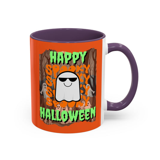Spooky Happy Halloween Ghost Green font Orange Accent Mug by CreepyCrafts.boo