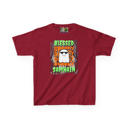 Spooky Blessed Samhain Ghost Green font Kids Heavy Cotton™ Tee by CreepyCrafts.boo
