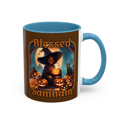Blessed Samhain Cute Witch Orange font Brown Accent Mug by CreepyCrafts.boo