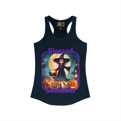 Blessed Samhain Little Witch Purple font Women's Racerback Tank Top by CreepyCrafts.boo