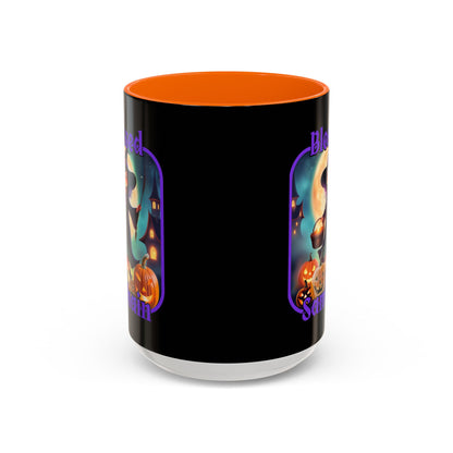 Blessed Samhain Little Witch Purple font Black Accent Mug by CreepyCrafts.boo