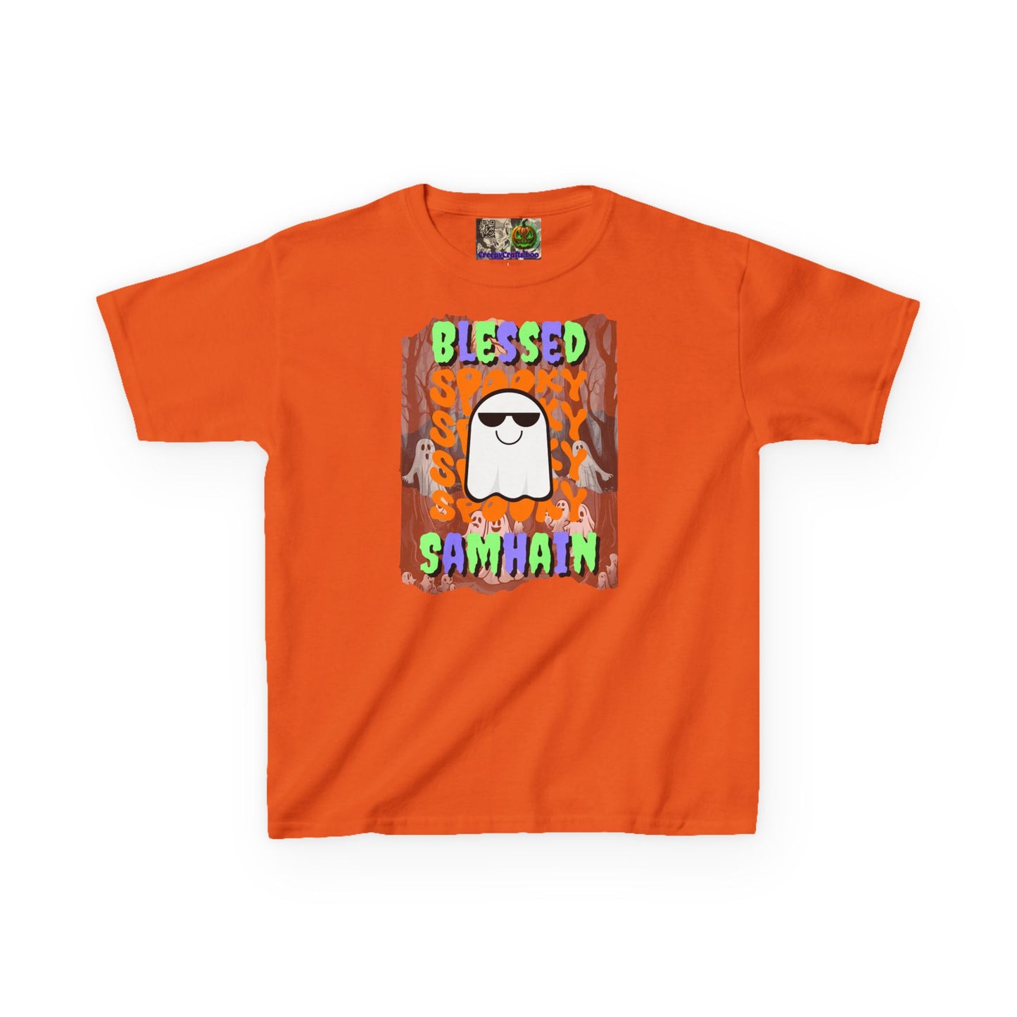 Spooky Blessed Samhain Ghost Mixed font Kids Heavy Cotton™ Tee by CreepyCrafts.boo